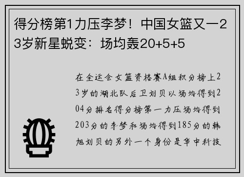 得分榜第1力压李梦！中国女篮又一23岁新星蜕变：场均轰20+5+5